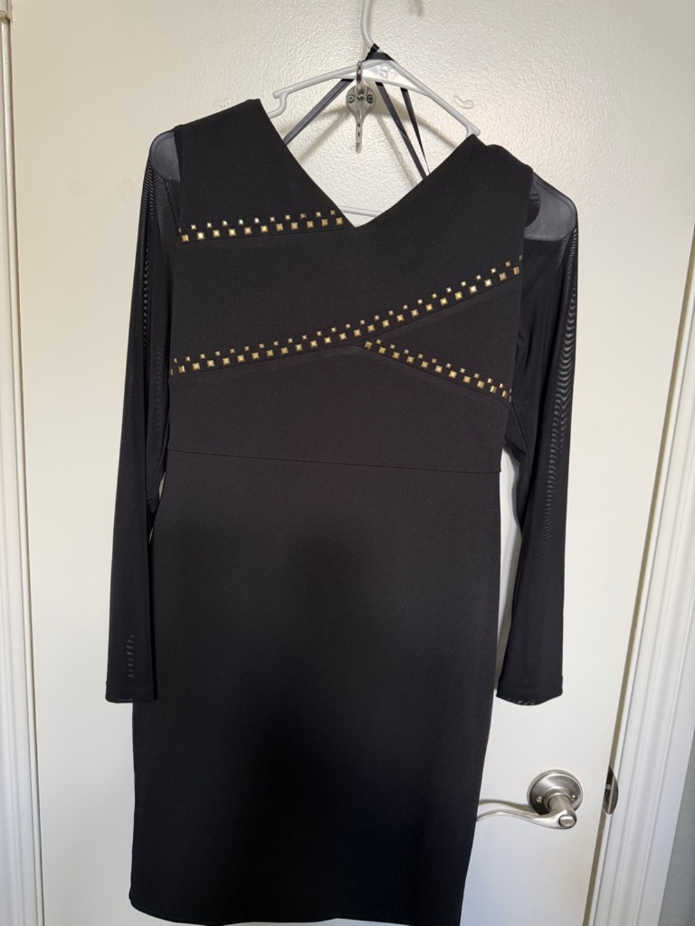 bebe Black Long-Sleeve Sheath Dress with Gold Stud Accents